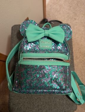 Disney Parks Minnie Mouse Loungefly Teal Mint & Purple Sequin Bow Mini Backpack